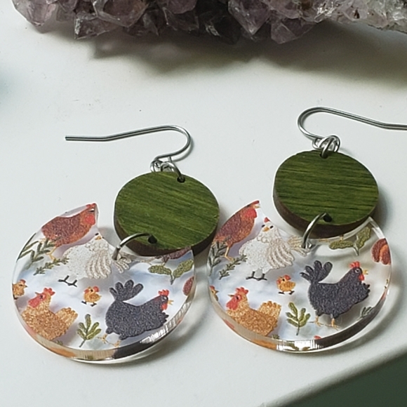🐔 Chicken friends two-piece circular drop earrings 💚 - Picture 2 of 8